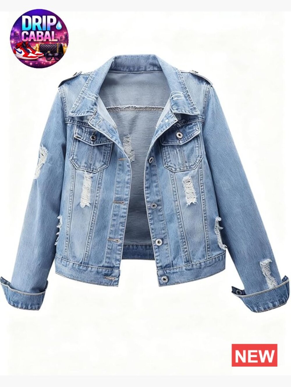 Distressed Long Sleeve Ripped Boyfriend Jean Jacket Washed Blue Shacket